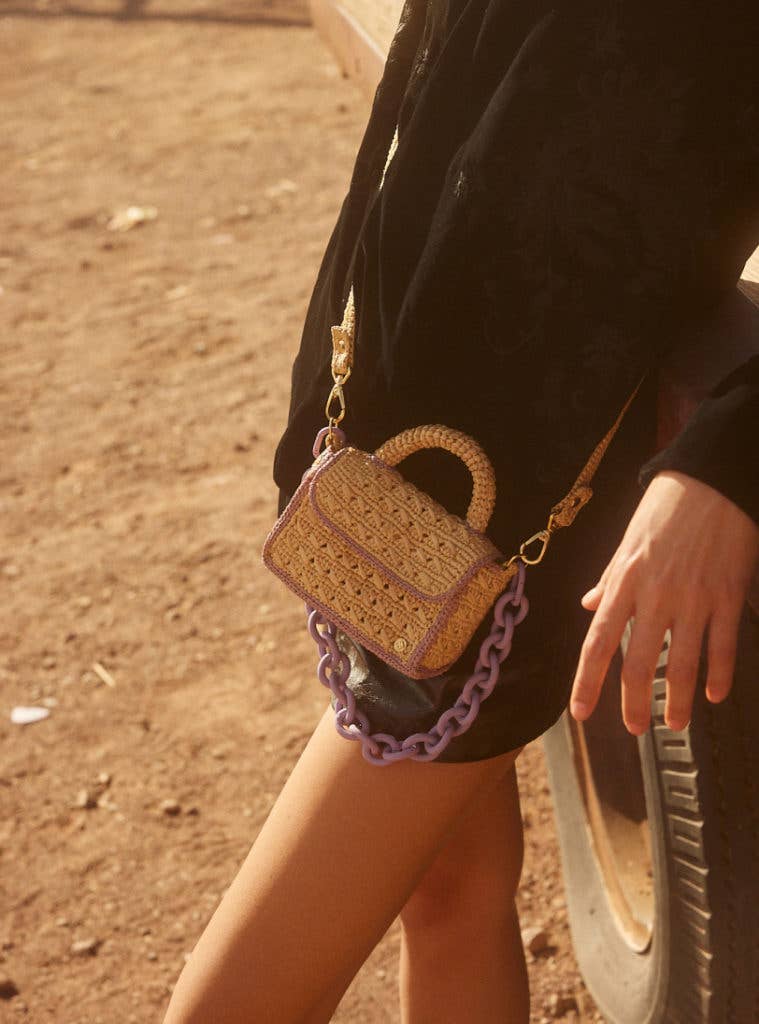 Mini Félicie natural and lavender mini raffia bag