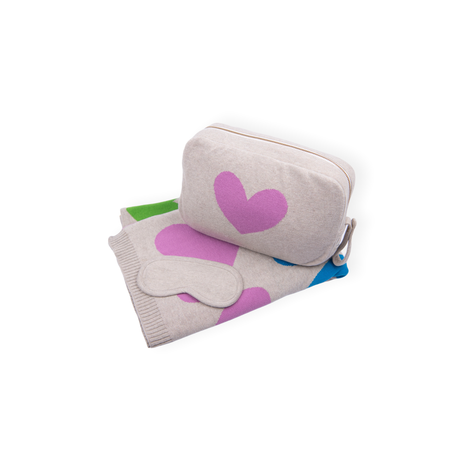 Blush Hearts Organic Cotton Travel Blanket and Eye Mask Set: Pastel