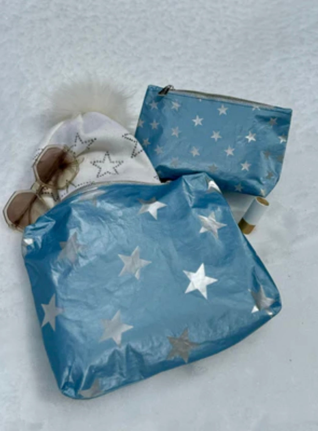 Set of Two - Organizational Pouches - Shimmer Ice Blue with Multi Silver Stars