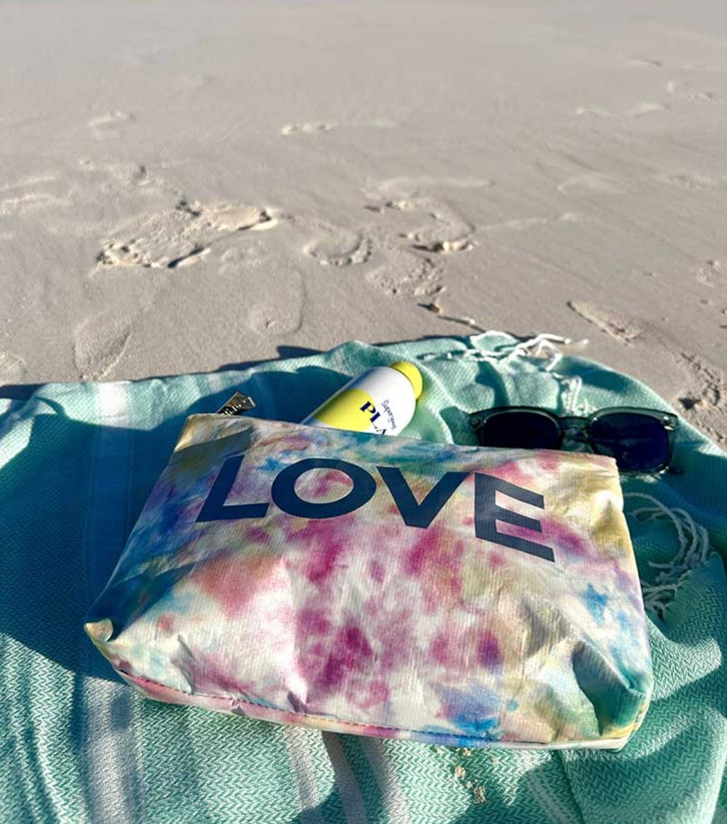 Cosmetic Zipper Pouch in Watercolor Tie Dye with "LOVE"
