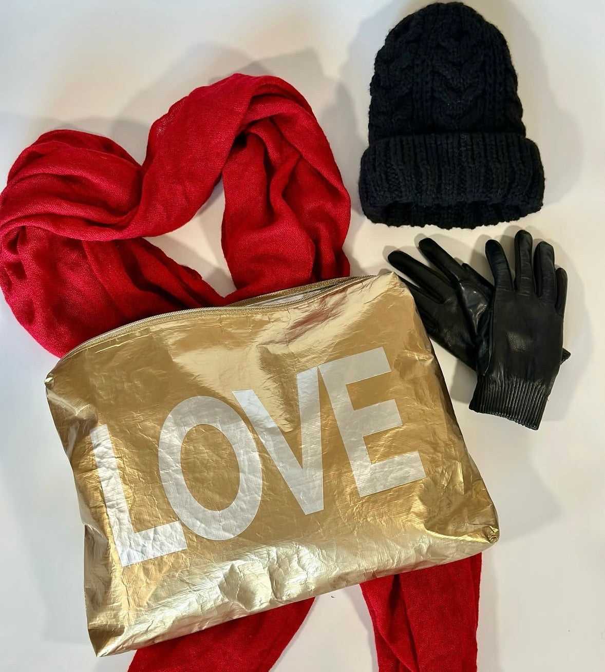 Jumbo Zipper Pouch in Gold with Silver LOVE