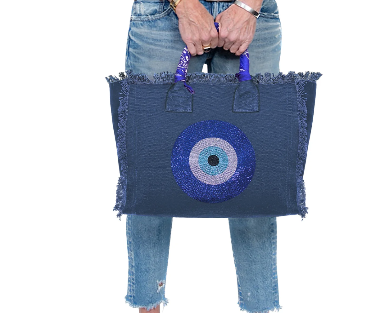 Blue Evil Eye Fringe Tote