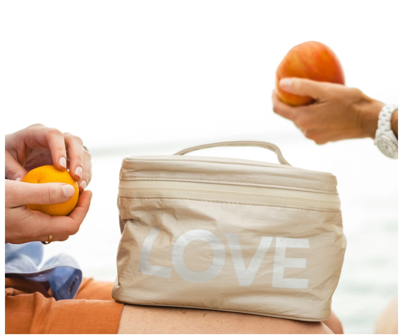 Cosmetic Case or Lunch Box in Shimmer Beige with Silver "LOVE"