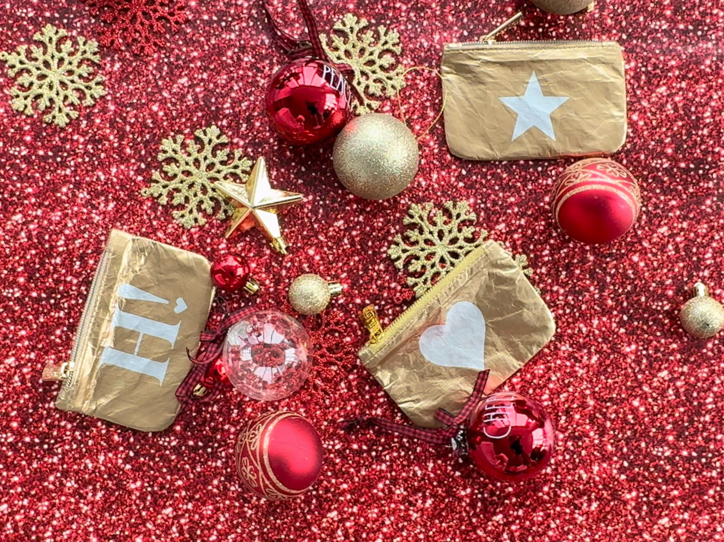Set of Three Gift Card Holder Pouches - Gold with Silver Heart, H!, and Star