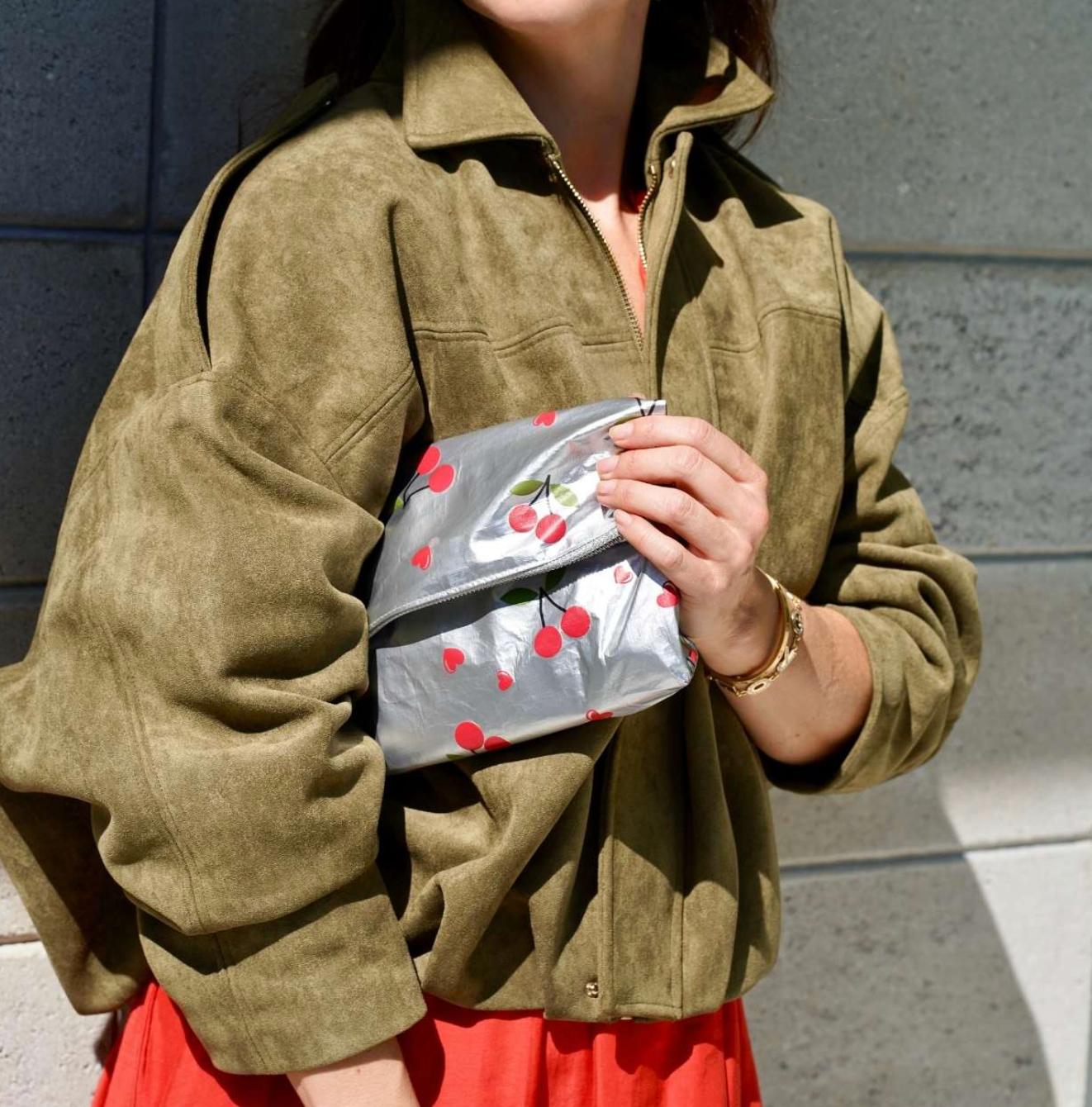 Medium Zipper Pouch - Cherries on Metallic Silver