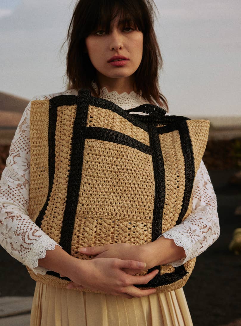 Nessa two-tone raffia tote bag