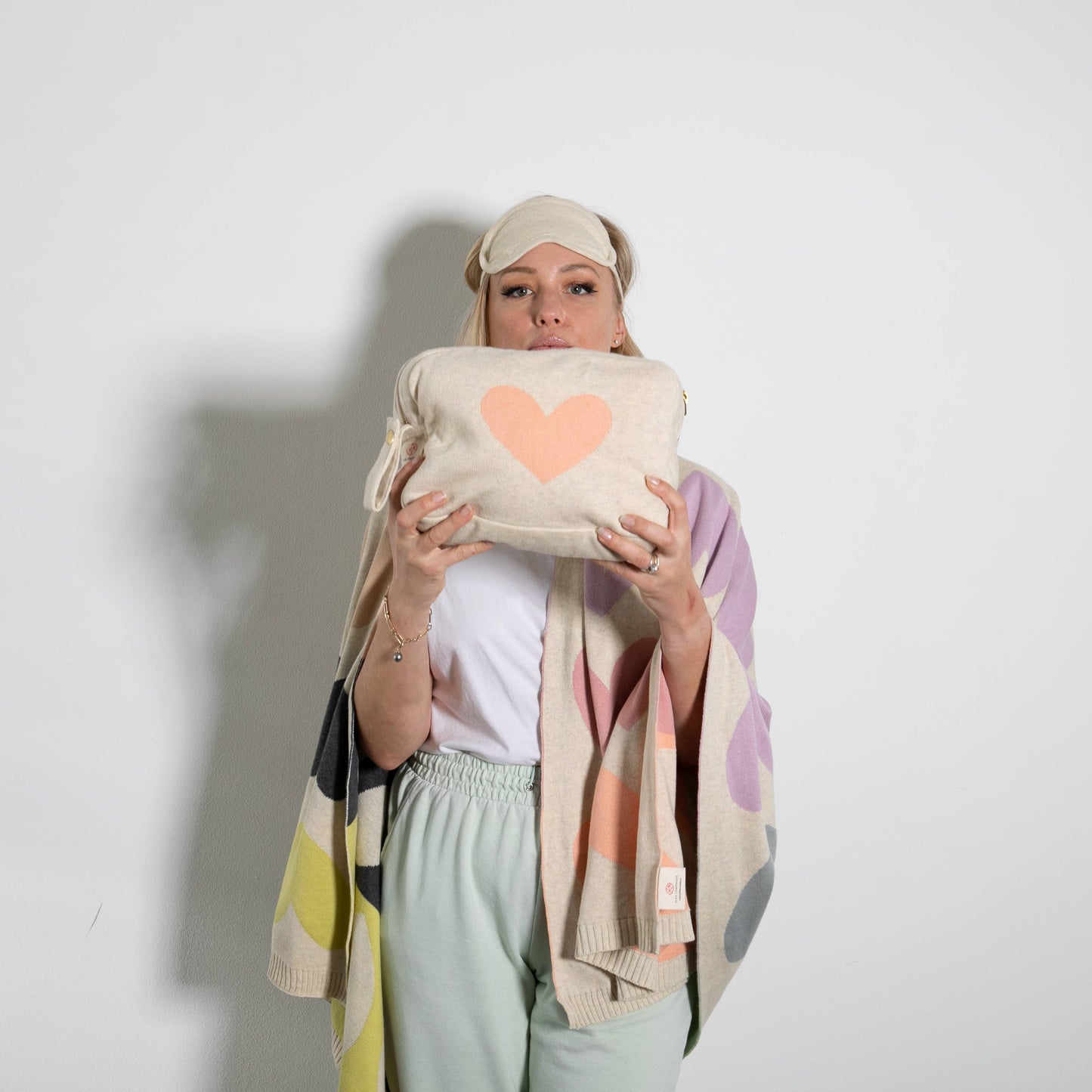 Blush Hearts Organic Cotton Travel Blanket and Eye Mask Set: Pastel