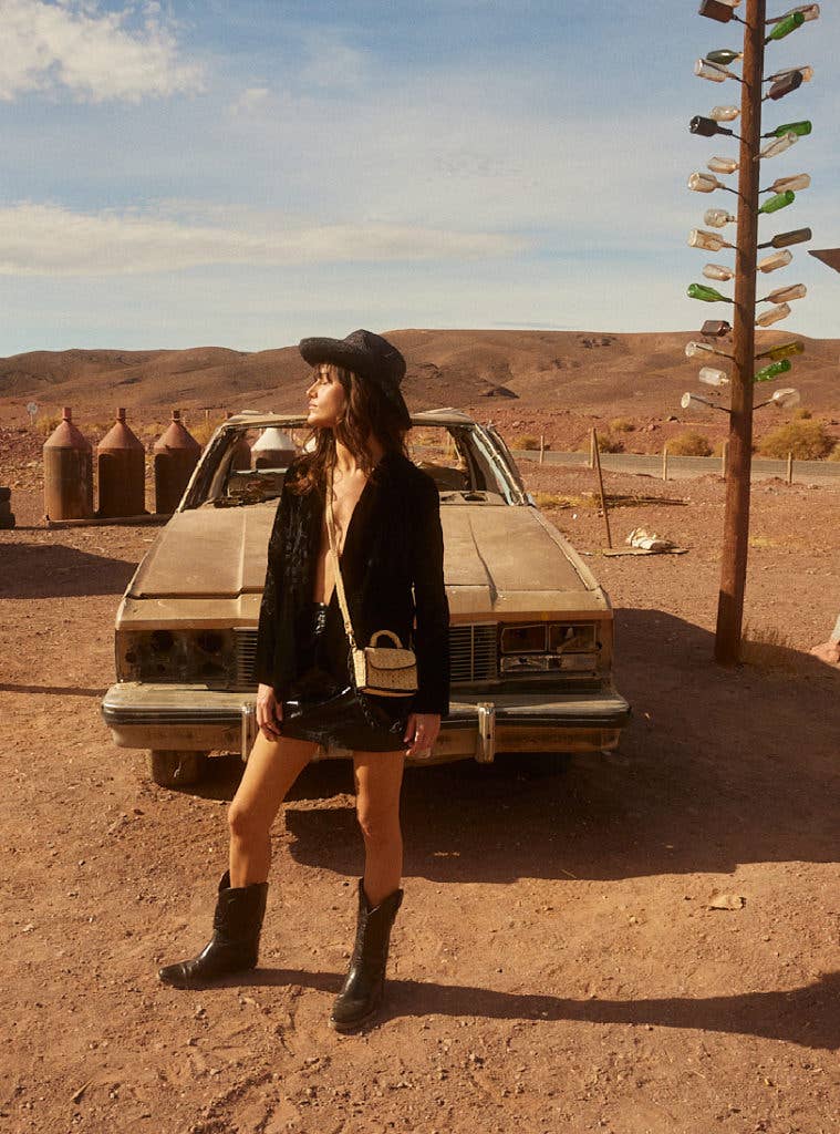 Mini Félicie natural and black mini raffia bag