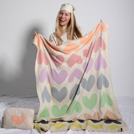 Blush Hearts Organic Cotton Travel Blanket and Eye Mask Set: Pastel