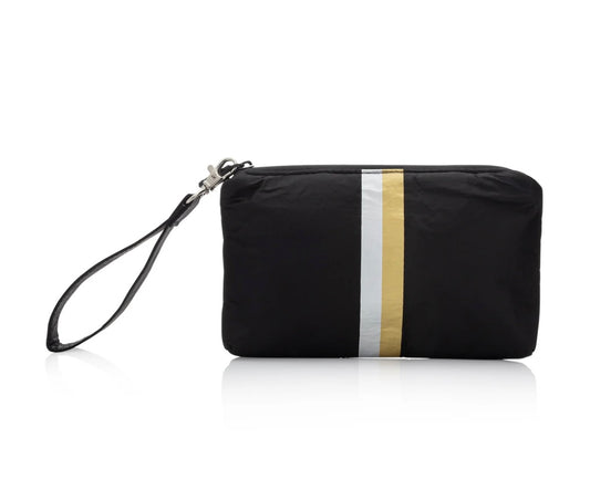 Zip Wristlet in Black with Silver & Gold Stripes