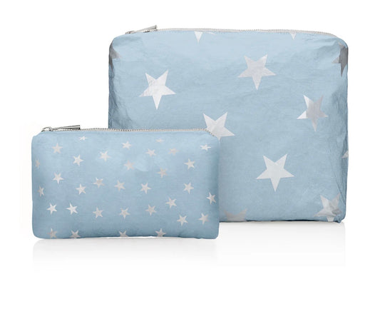 Set of Two - Organizational Pouches - Shimmer Ice Blue with Multi Silver Stars