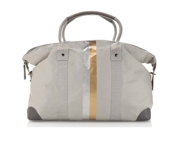 The Weekender Bag in Earth Gray with Silver and Gold Stripes