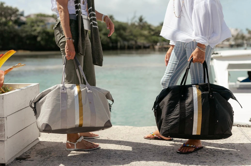 The Weekender Bag in Earth Gray with Silver and Gold Stripes