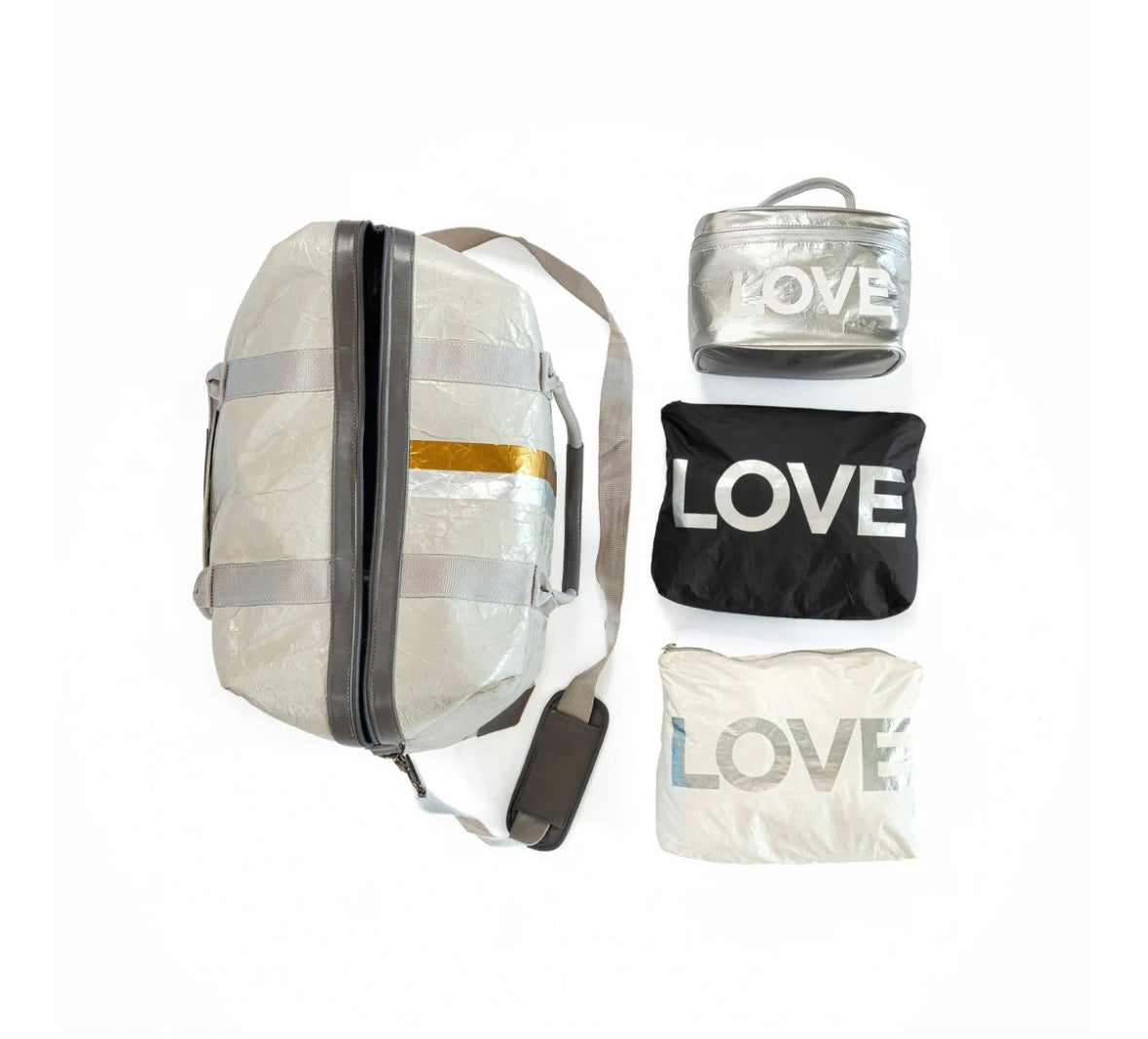 The Weekender Bag in Earth Gray with Silver and Gold Stripes