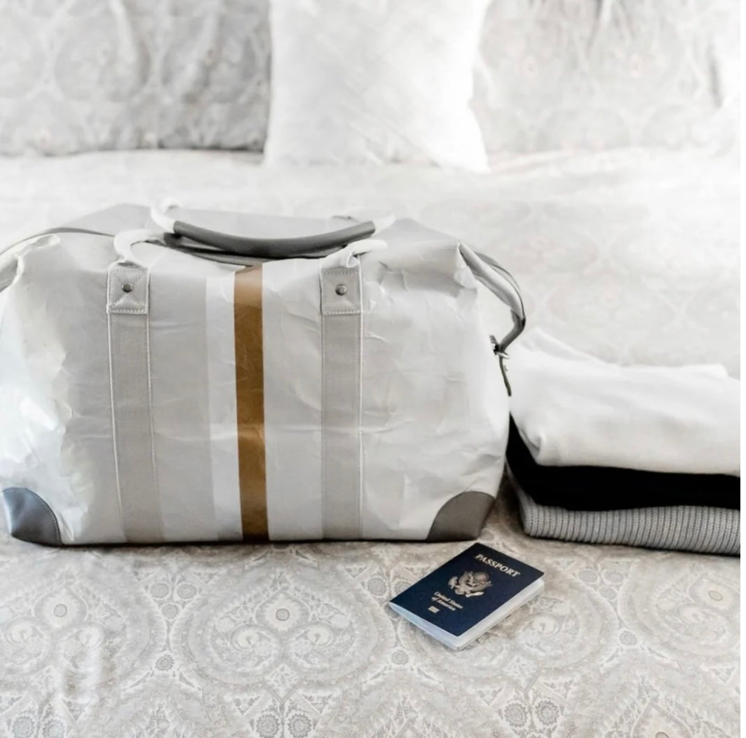 The Weekender Bag in Earth Gray with Silver and Gold Stripes