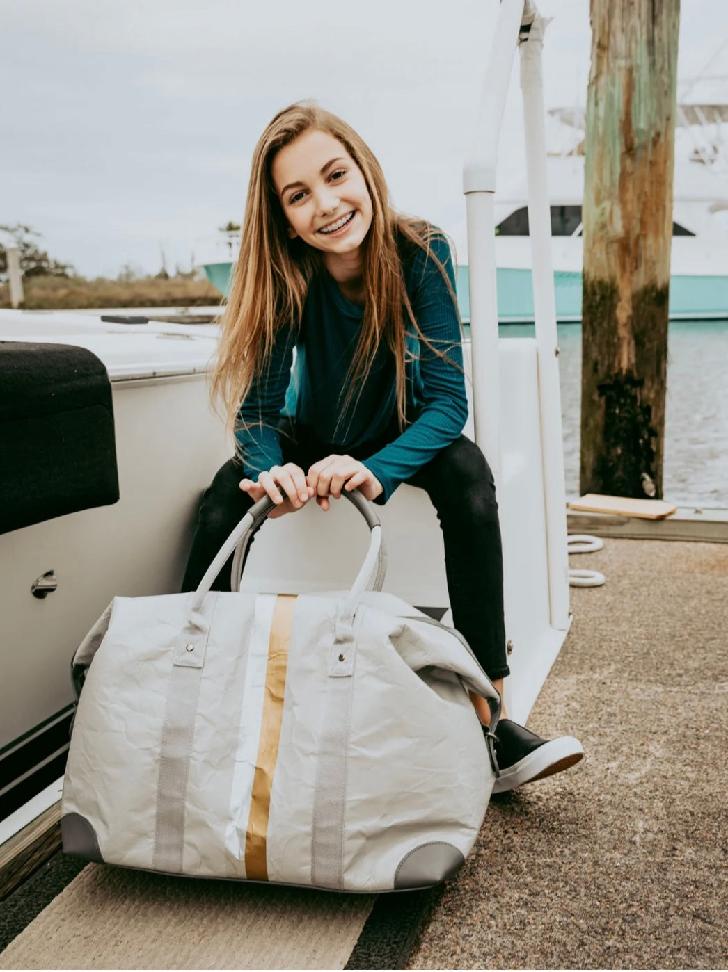 The Weekender Bag in Earth Gray with Silver and Gold Stripes