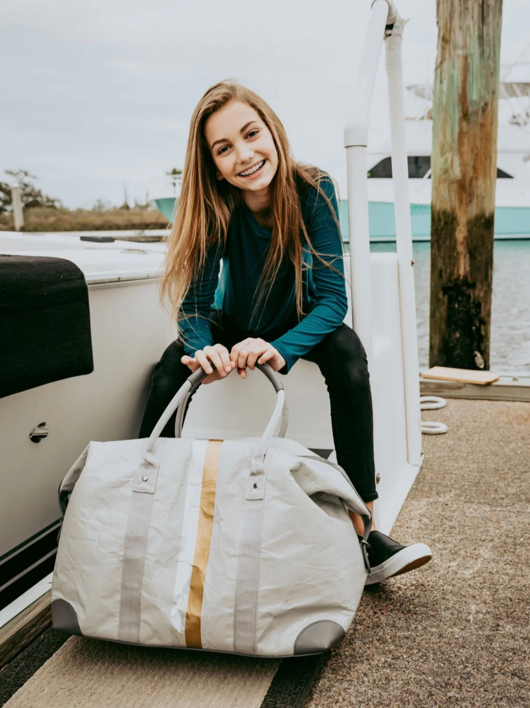 The Weekender Bag in Earth Gray with Silver and Gold Stripes