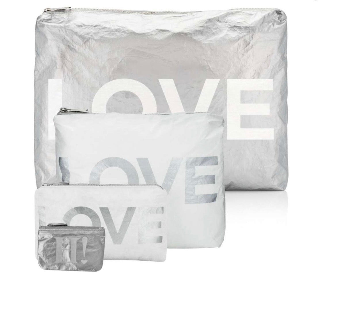Set of Four Zipper Pouches - Packing Cubes in Silver and White LOVE Hi