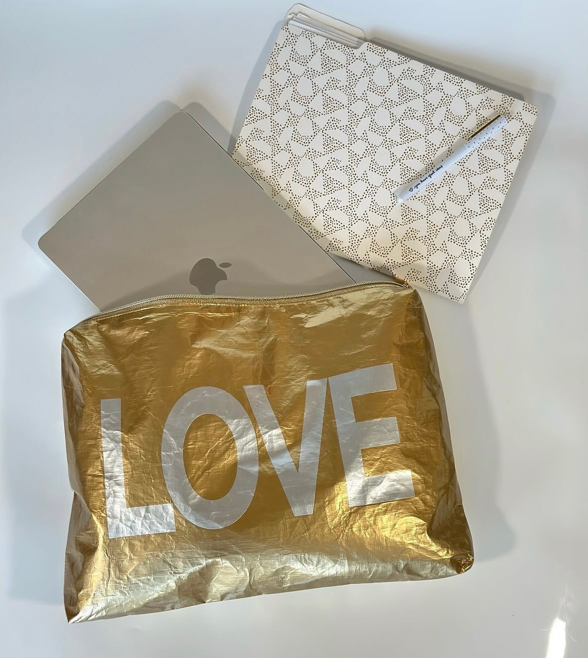 Jumbo Zipper Pouch in Gold with Silver LOVE