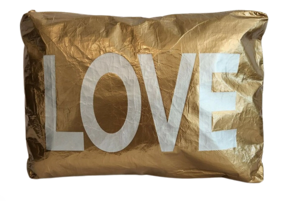 Jumbo Zipper Pouch in Gold with Silver LOVE