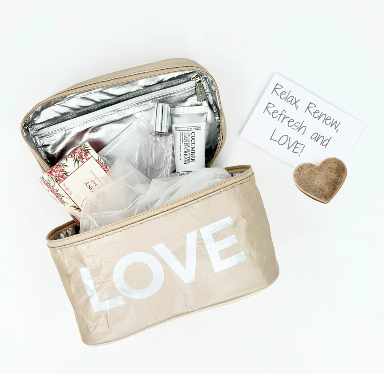 Cosmetic Case or Lunch Box in Shimmer Beige with Silver "LOVE"