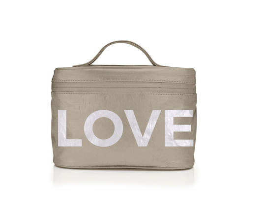 Cosmetic Case or Lunch Box in Shimmer Beige with Silver "LOVE"