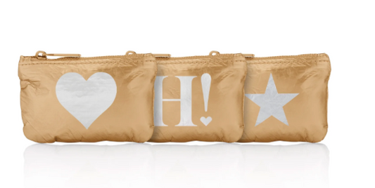 Set of Three Gift Card Holder Pouches - Gold with Silver Heart, H!, and Star