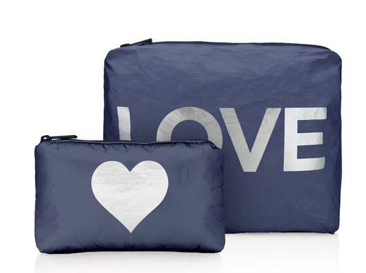 Set of Two - Organizational Pouches - Shimmer Navy Blue with Silver "LOVE"