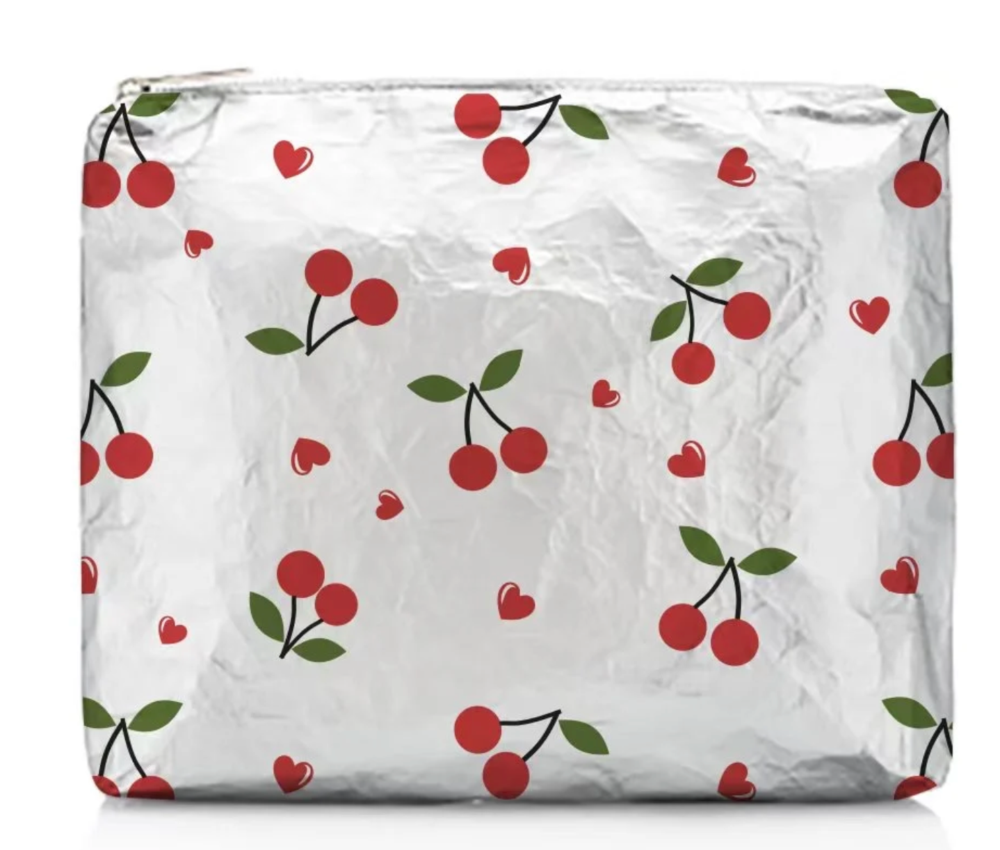 Medium Zipper Pouch - Cherries on Metallic Silver