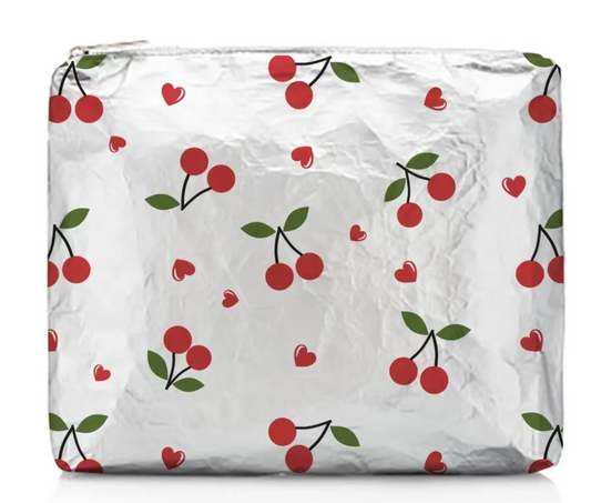 Medium Zipper Pouch - Cherries on Metallic Silver