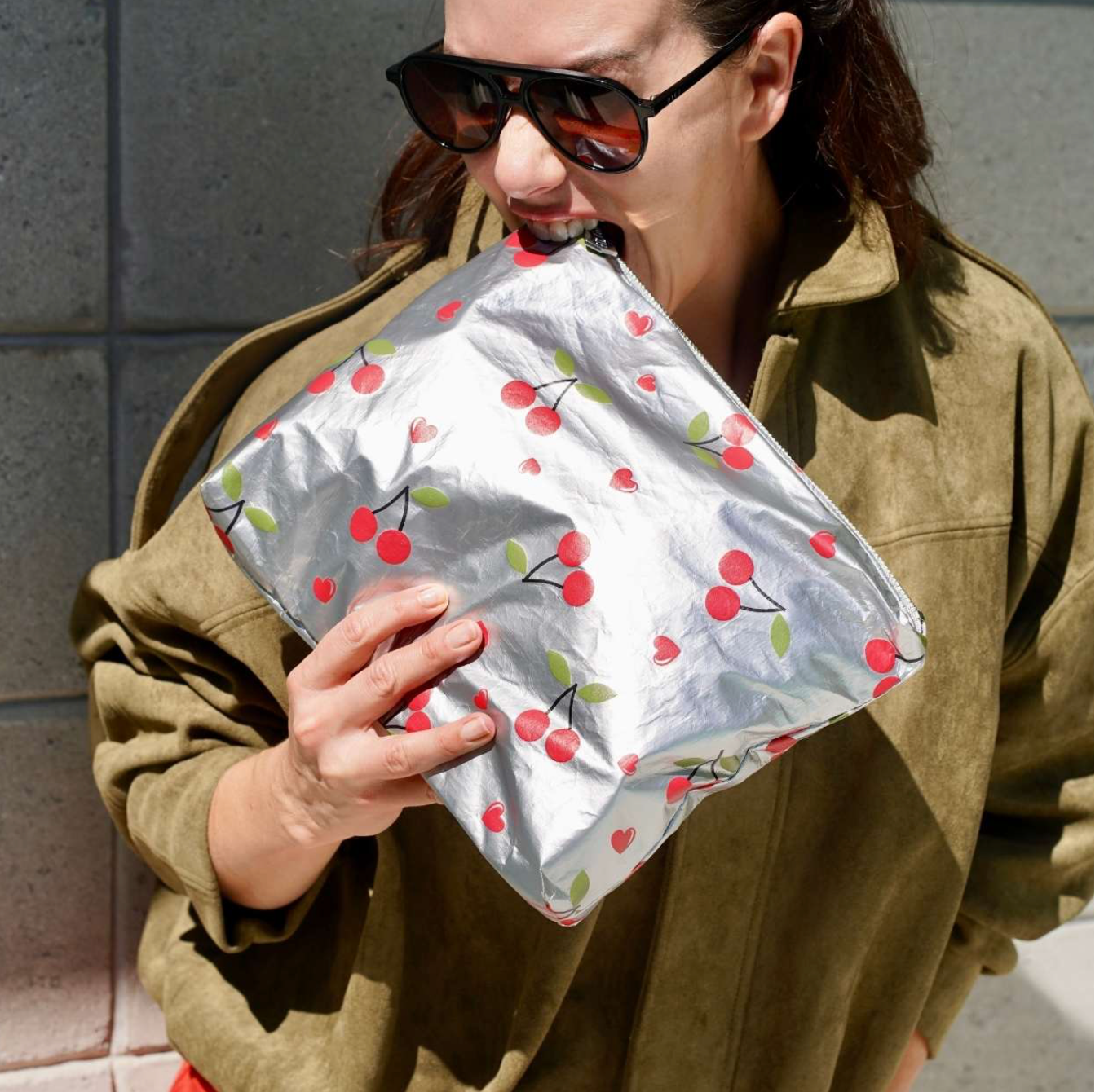 Medium Zipper Pouch - Cherries on Metallic Silver