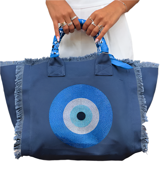 Blue Evil Eye Fringe Tote