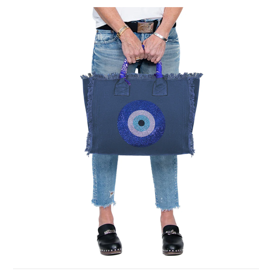 Blue Evil Eye Fringe Tote