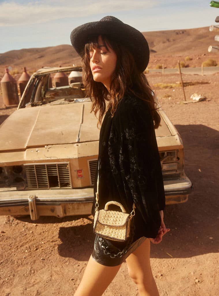 Mini Félicie natural and black mini raffia bag