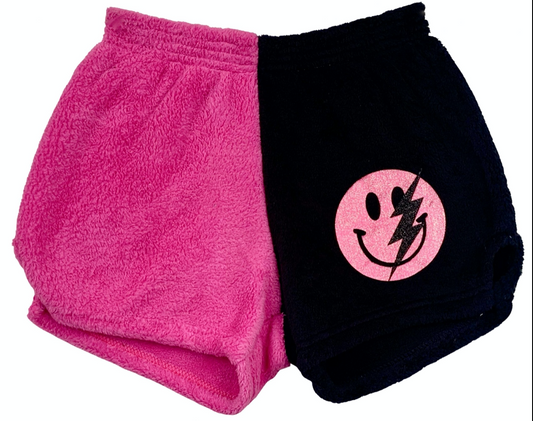 Black / Fuchsia Smiley Face with Bolt Fuzzy Pajama Shorts